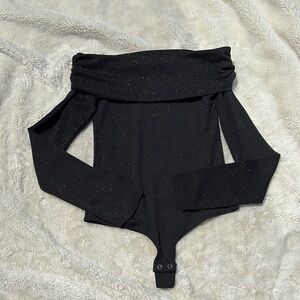Ardene Black Glitter Off-Shoulder Bodysuit Size XS| Glam Night Out Sparkle Fit